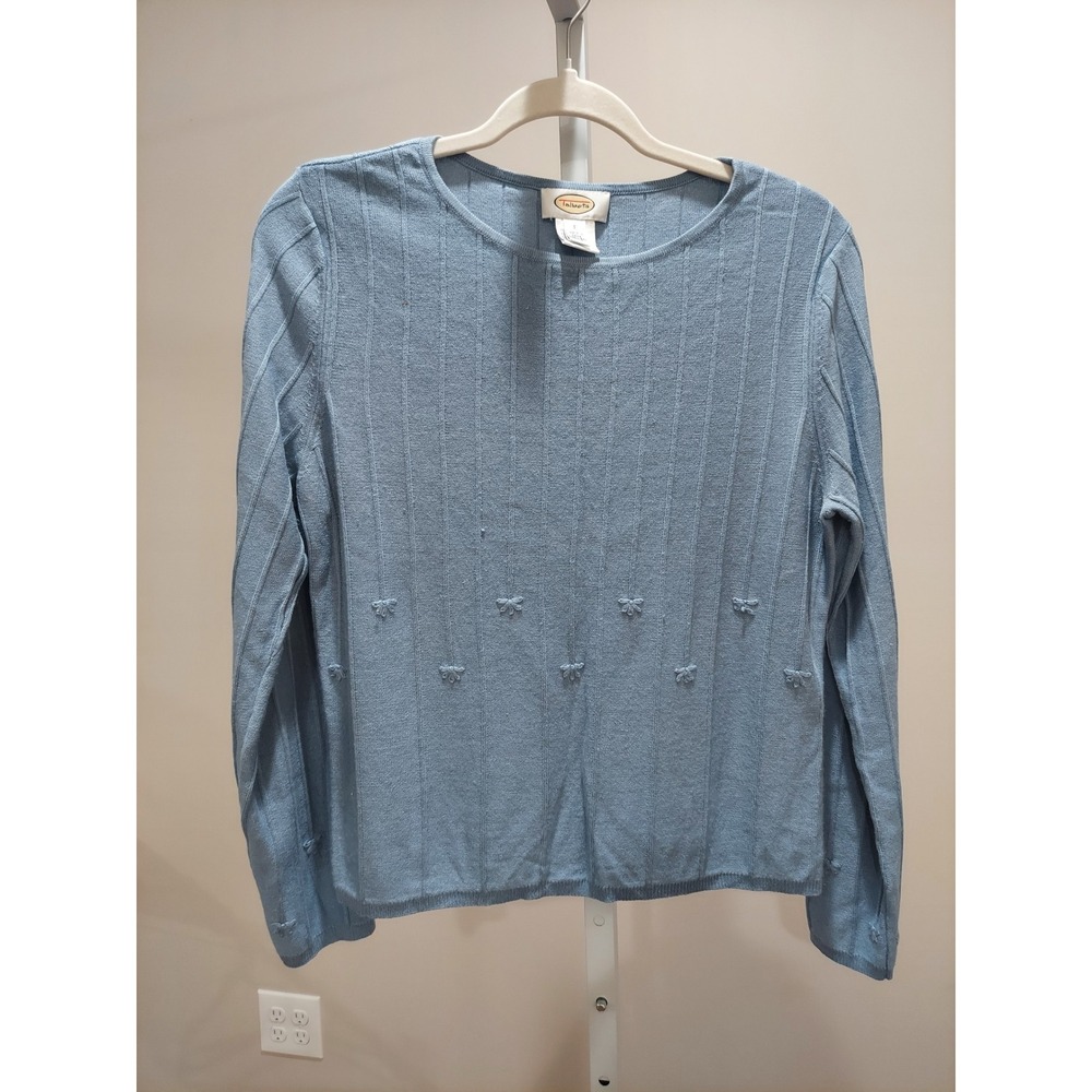Talbots Silk Cotton Cashmere Ribbed Bow Embroidered Sweater Light Blue Large